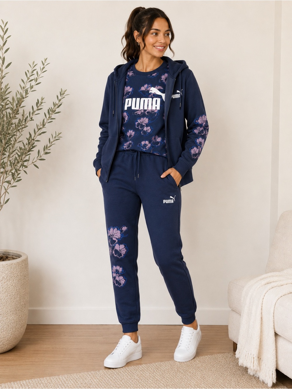 Puma 3PC Essentials Floral Vibes Jogger Set in Navy, Size Large, NWOT